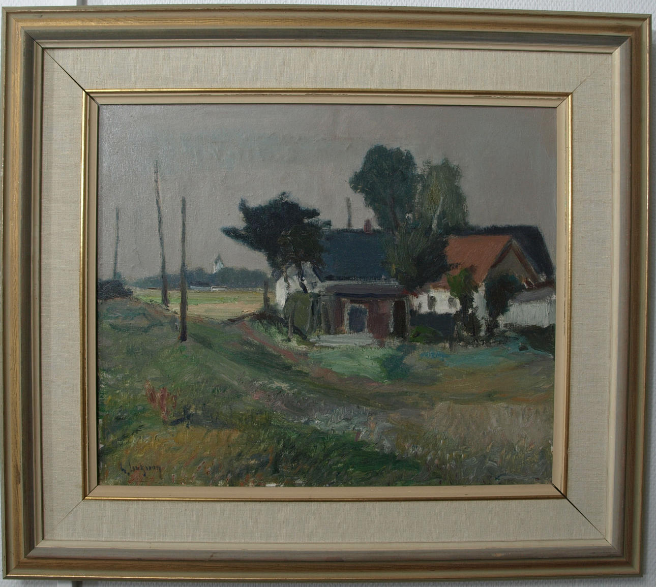 GIDEON ISAKSSON. Olja på duk, "Strandäng Böste mot Västra Torp kyrka, signerad.