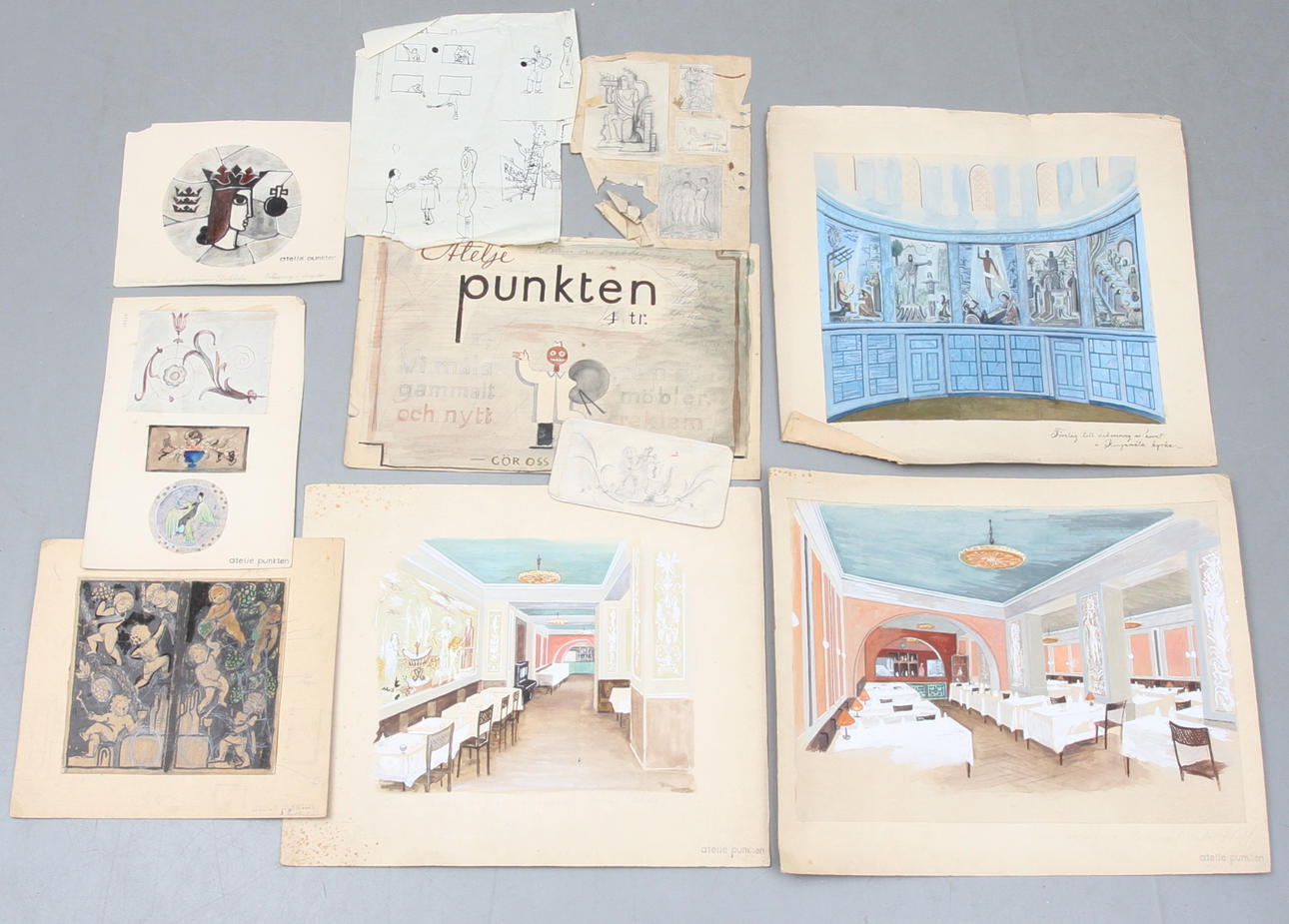 SKISSER och INTERIÖRBILDER i mapp, blandteknik, bl a från Restaurant Gustav Adolf och Ringmåla Kyrka, Atelje Punkten, 1900-talets första hälft.