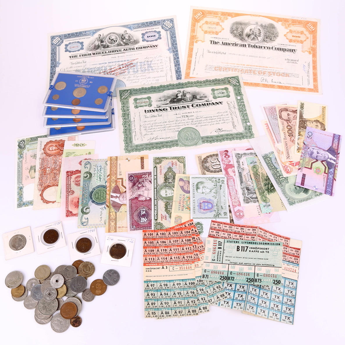 SEDEL- och MYNTSAMLING, olika länder. RANSONERINGSKORT, AKTIEBREV.