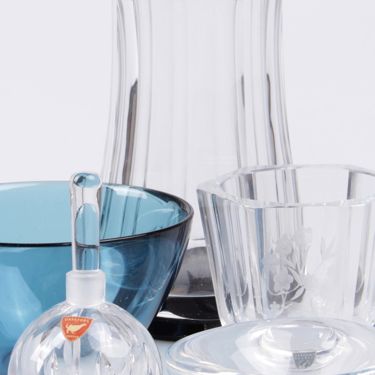 KARAFF, skålar samt flakong, 5 delar, Orrefors.