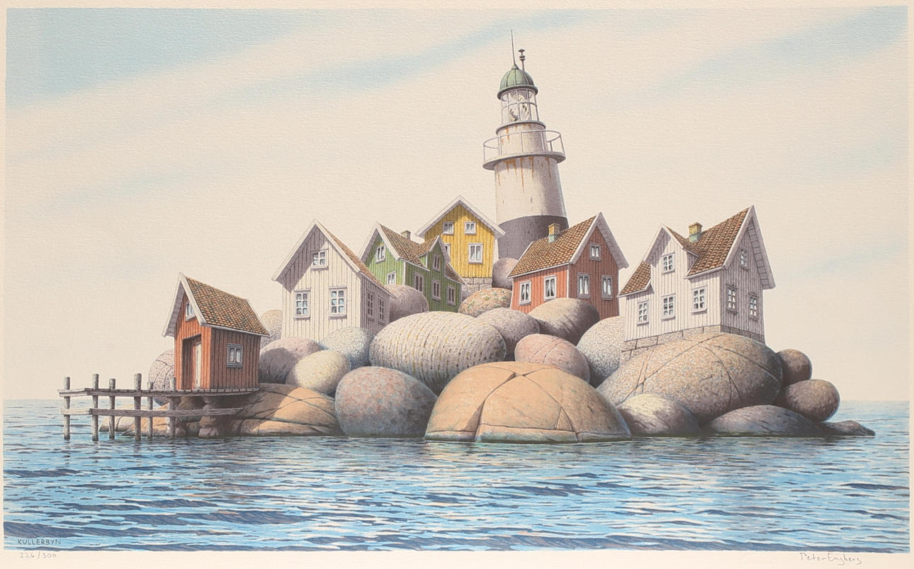 PETER ENGBERG. Color lithograph, "Kullerbyn", signed and numbered.