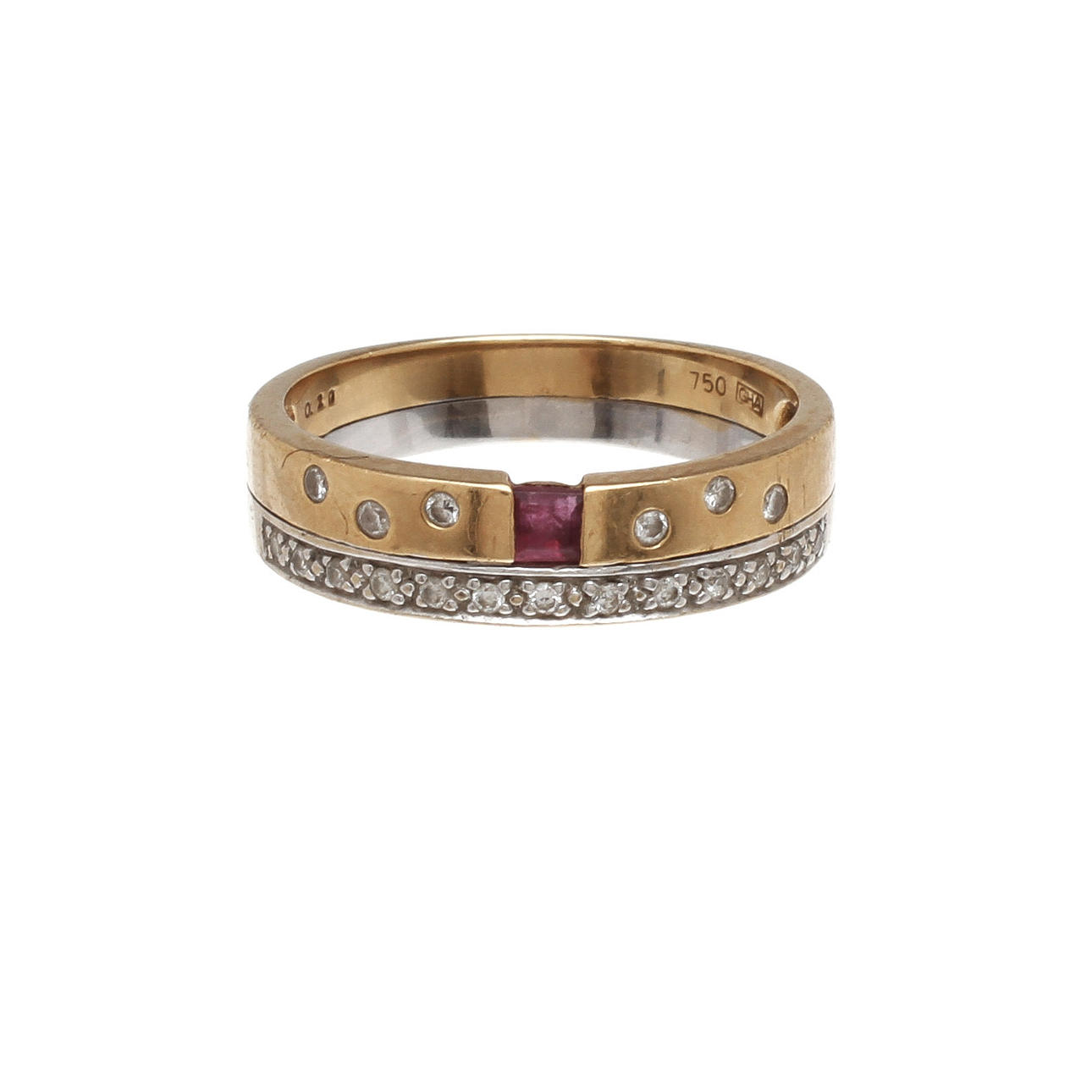 RING, 18K vit- samt rödguld med turmalin samt diamanter, totalt ca 0,20. Vikt 4,7g.