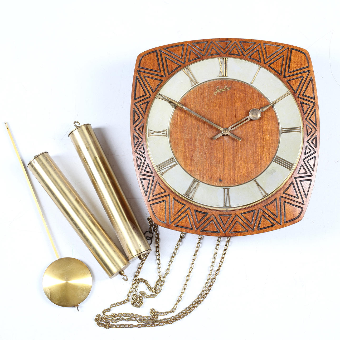 WALL CLOCK, teak / brass, Junghans, Germany, 1950s / 60s.