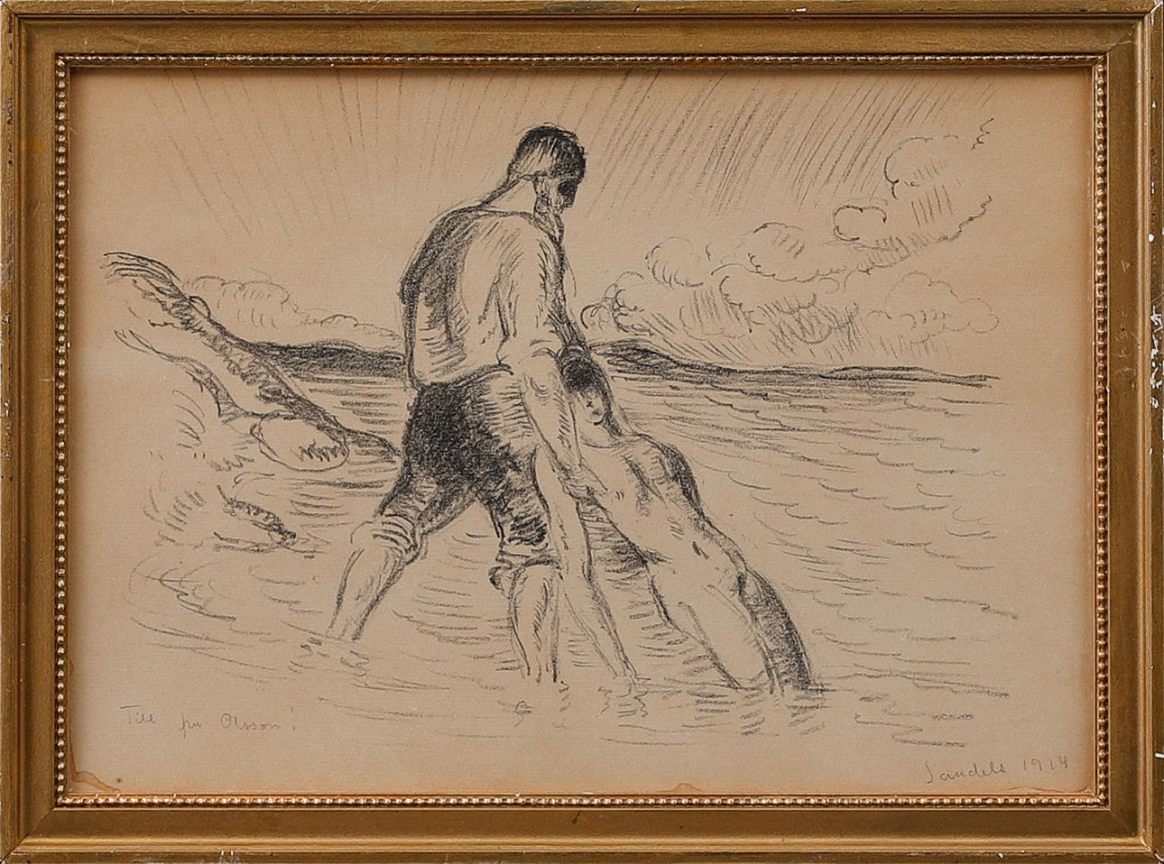 GÖSTA SANDELS. figure scene, graphic sheet, signed and dated 1914. Dedication.