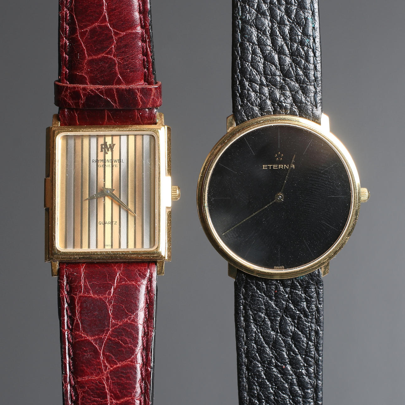 ARMBANDSUR, 18k guld doublé, Raymond Weil och Eterna. 1980-tal.