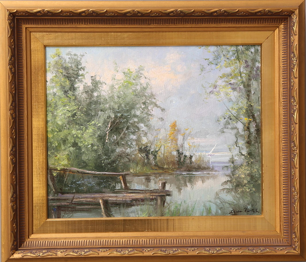 CSABAI PANTL. Olja på duk, Landskap vid vatten, signerad.