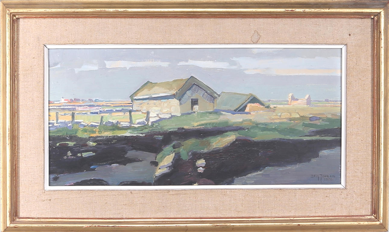 STIG JONZON. "Sjöbodarna, Stenåsa Öland", olja på pannå, signerad Stig Jonzon 1950.