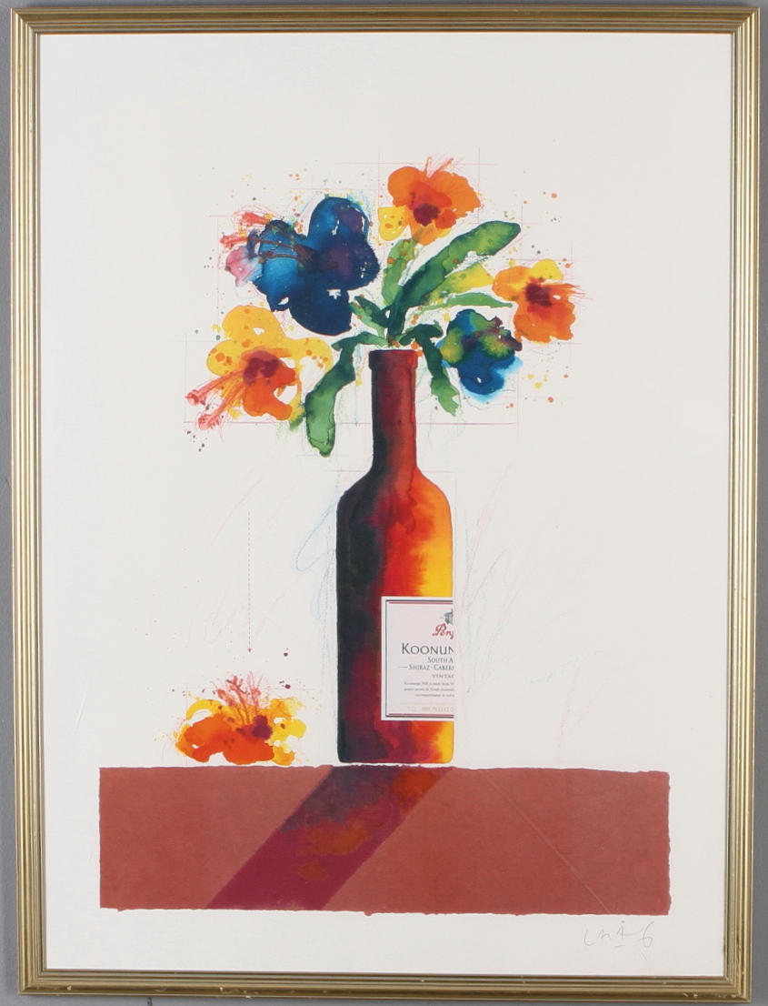 LASSE ÅBERG. Blommor i vinflaska, färglitografi, signerad.