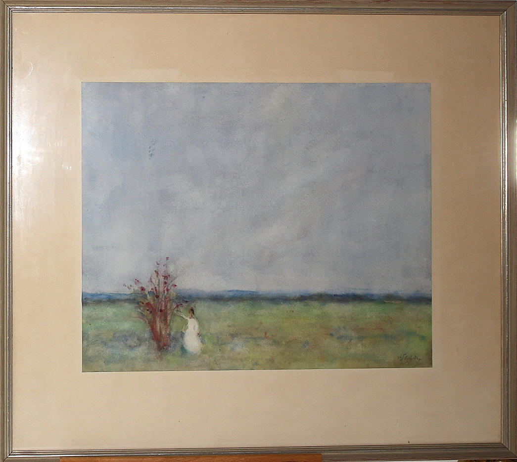 OIDENTIFIERAD KONSTNÄR. akvarell, flicka vid busken, signerad.