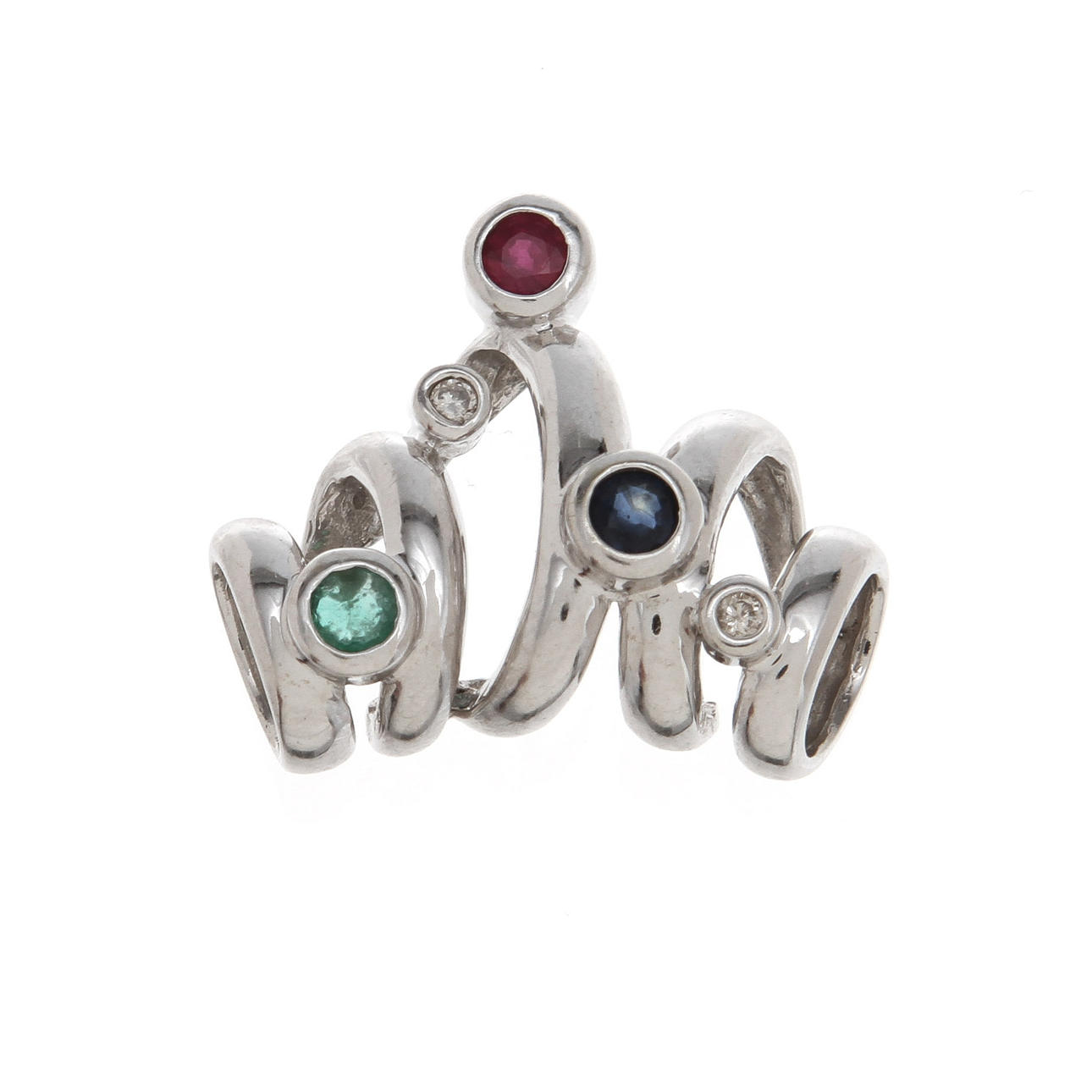 HÄNGE, 14K vitguld med rubin, safir, smaragd samt diamanter, totalt ca 0,05ct. Vikt 4,6g. (36334E-9).