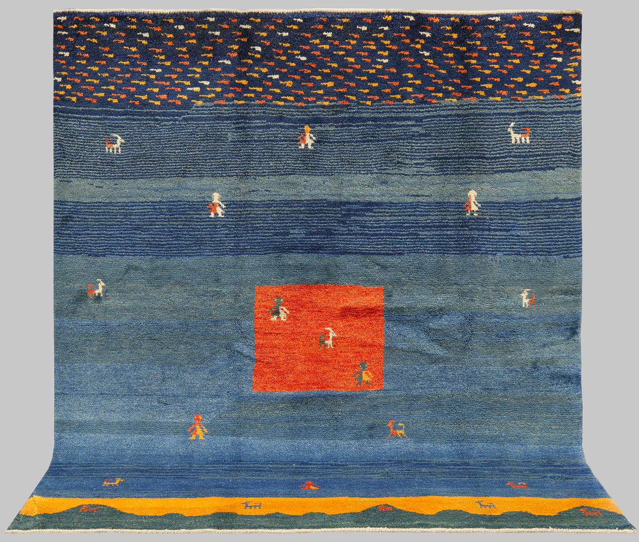 CARPET, Persian, figural Gebbeh. About 234 x 199 cm.