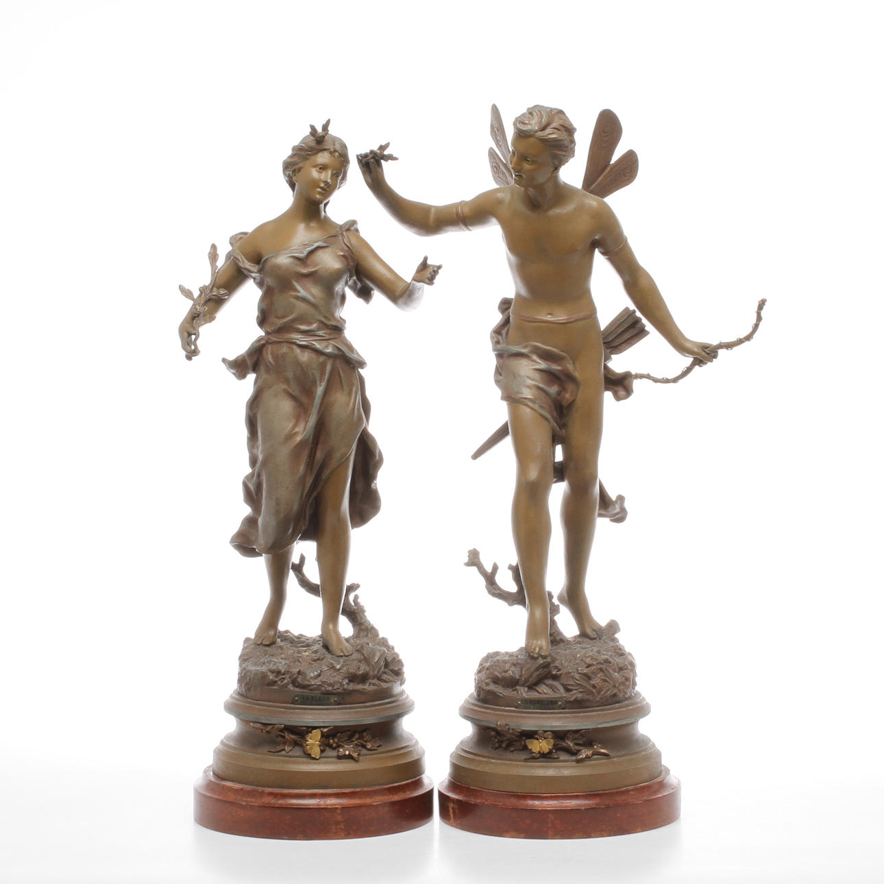 ERNEST RANCOULET. Efter, skulpturer, ett par, zink, "Le Papillion" och "Le Fleur", omkring sekelskiftet 1900.