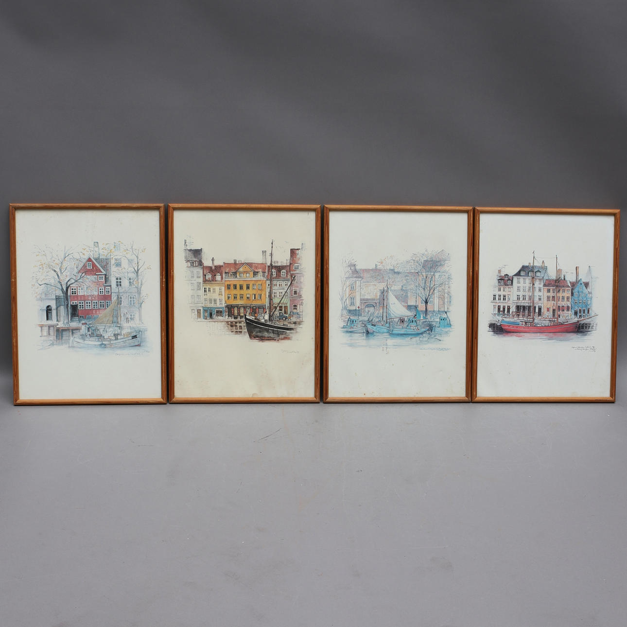 MADS STAGE. Offset printing, 4 pcs, harbor motif, printed signature.