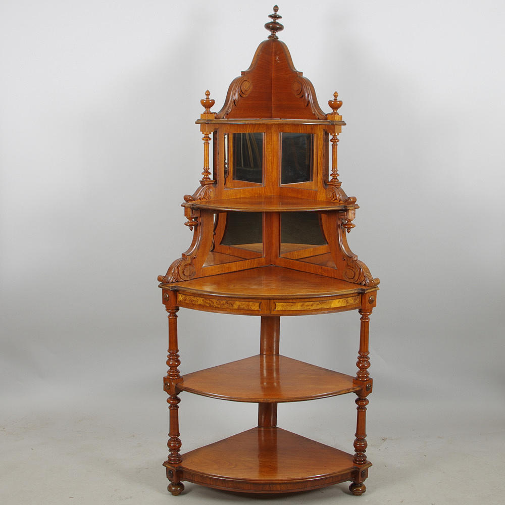 HÖRNHYLLA med speglar, mahogny/rotfaner, 1800-talets andra hälft.