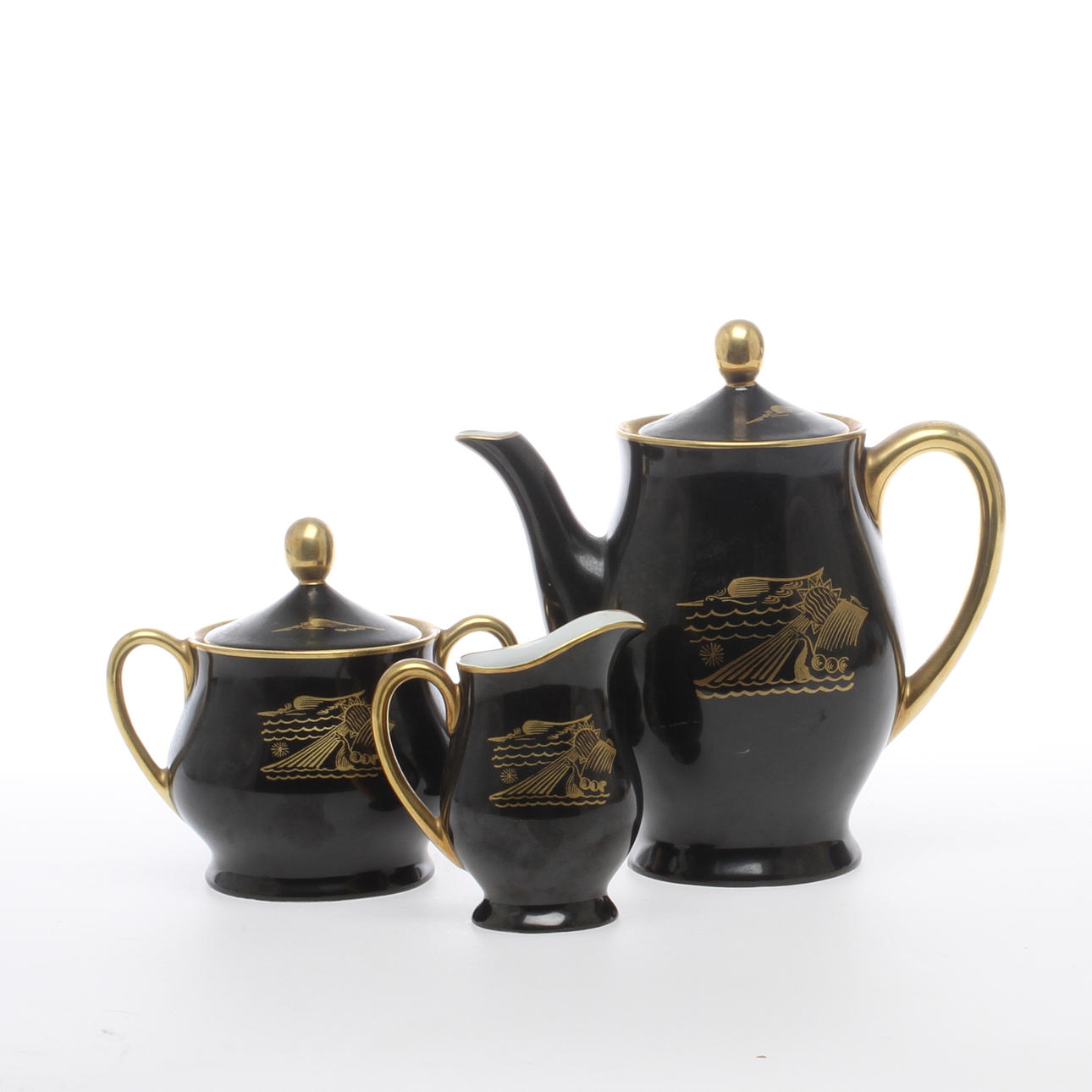 KAFFEKANNA, SOCKERSKÅL samt GRÄDDKANNA, porslin, art deco, Hackefors.