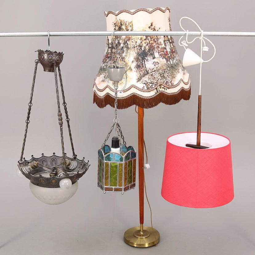 ARMATURER, 4 st, 1900-tal: golvlampa + 3 st taklampor.