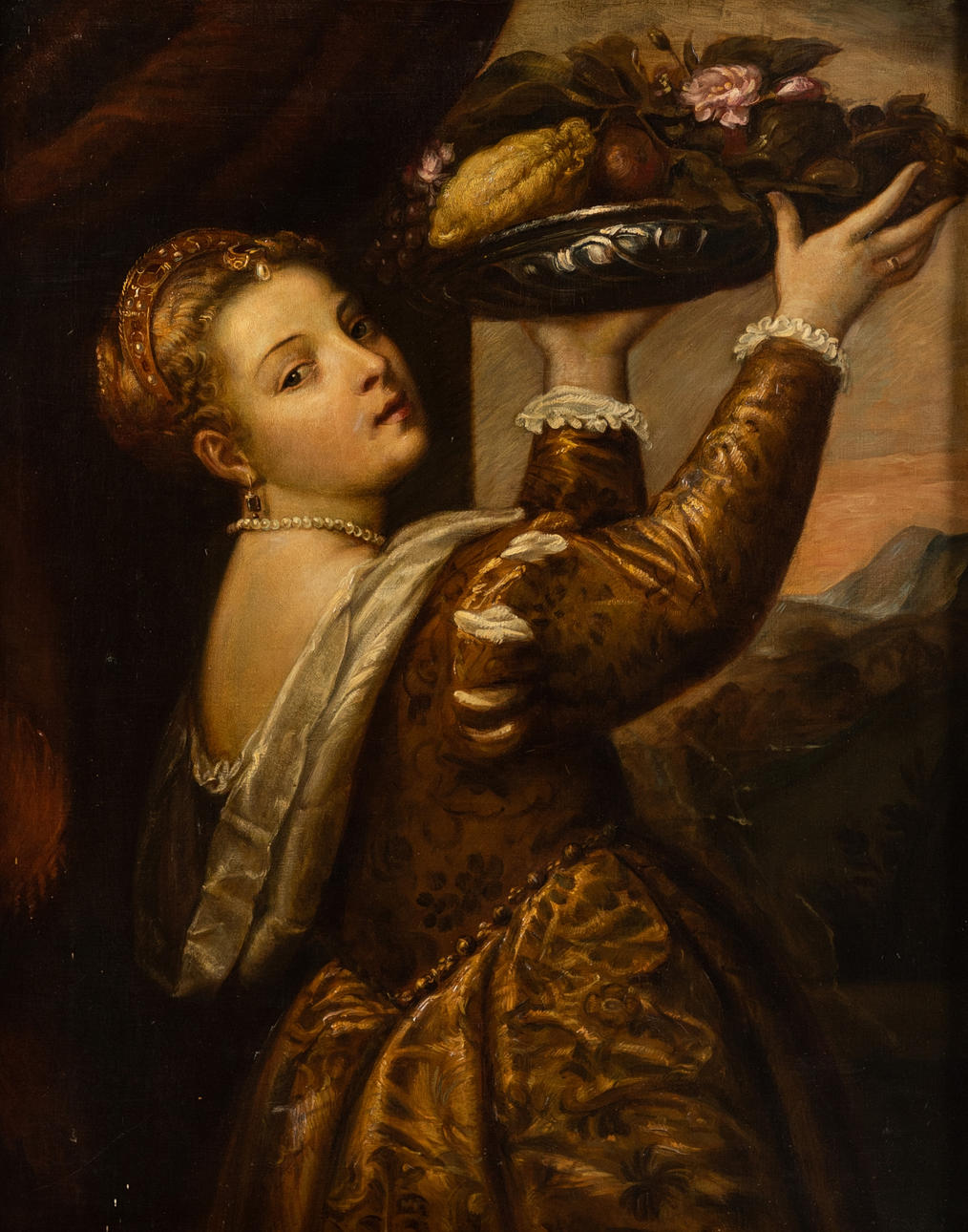 NACH TIZIANO VECELLIO. Mädchen mit Fruchtschale.