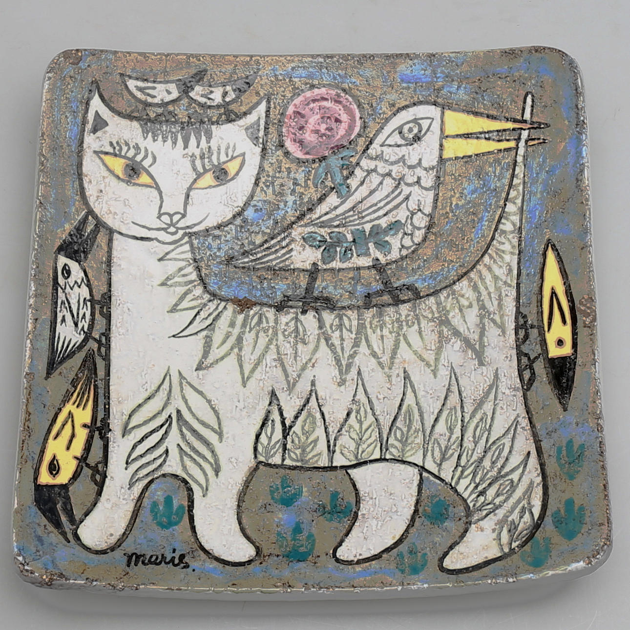 FAT i stengods, dekor av katt, Mari Simmulson, Upsala-Ekeby, 1950/60-tal.