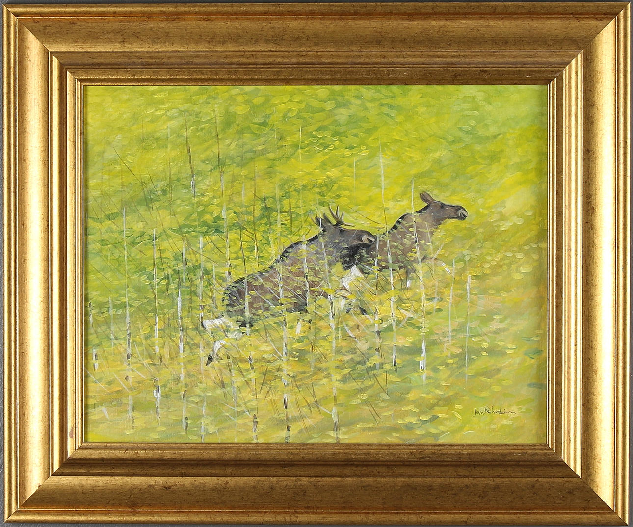 JAN RHODIN. Älgar på flykt, gouache på pannå, signerad.