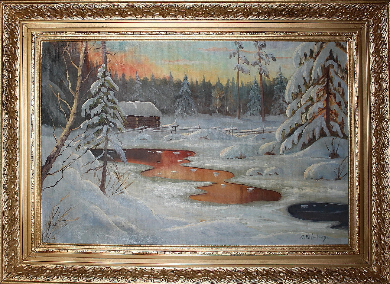 OIDENTIFIERAD KONSTNÄR. olja på duk, vinterlandskap, signerad N Liljuberg.