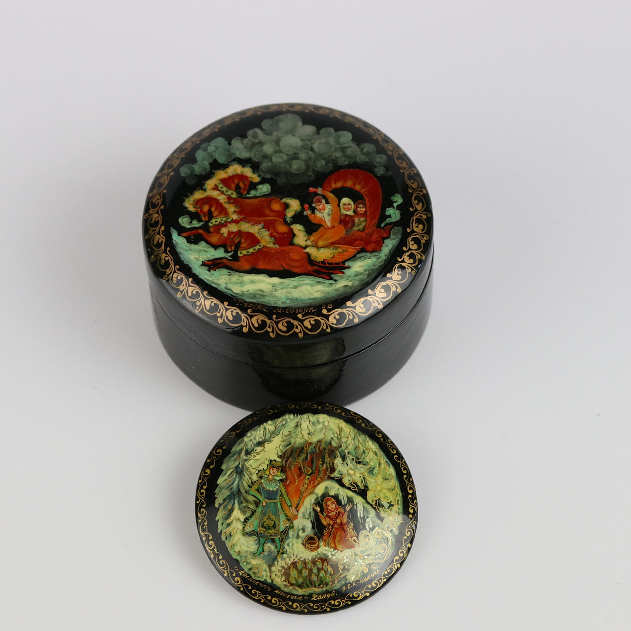 BROOCH and ASK, lacquer work, 1990s, Russia.