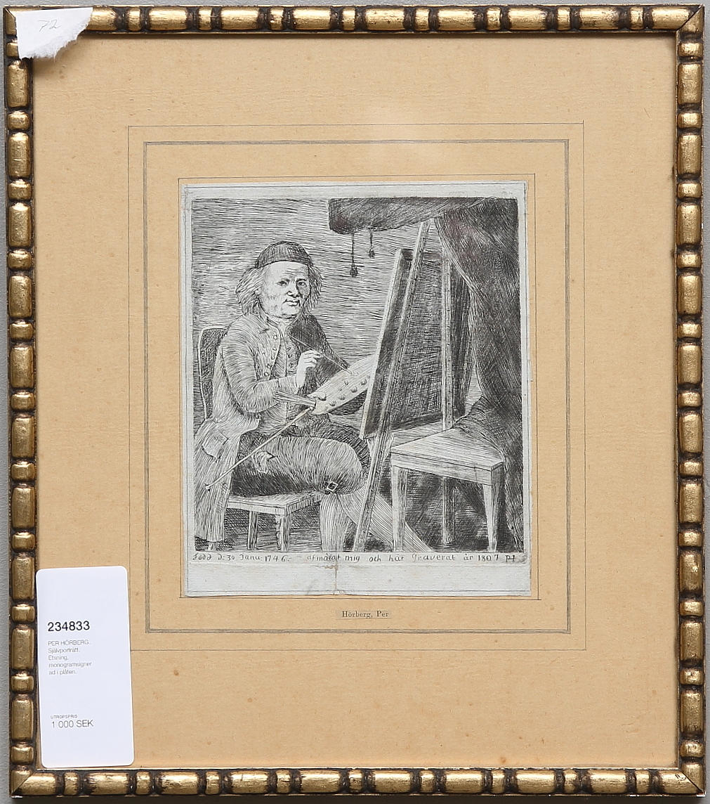 PER HÖRBERG. Självporträtt. Etsning, monogramsignerad i plåten.