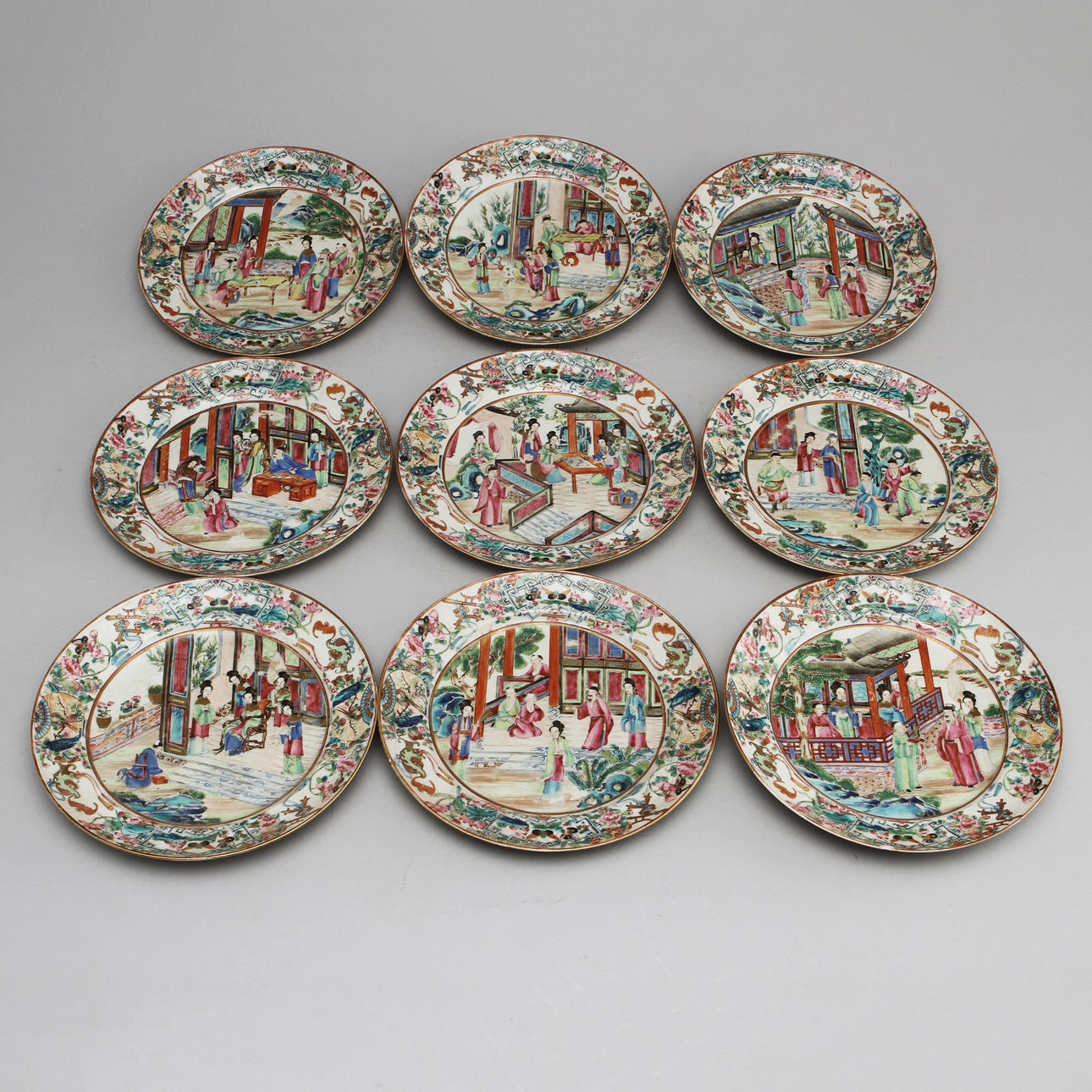 TALLRIKAR, 9 st, porslin, Kina, Kanton, 1800/1900-tal.
