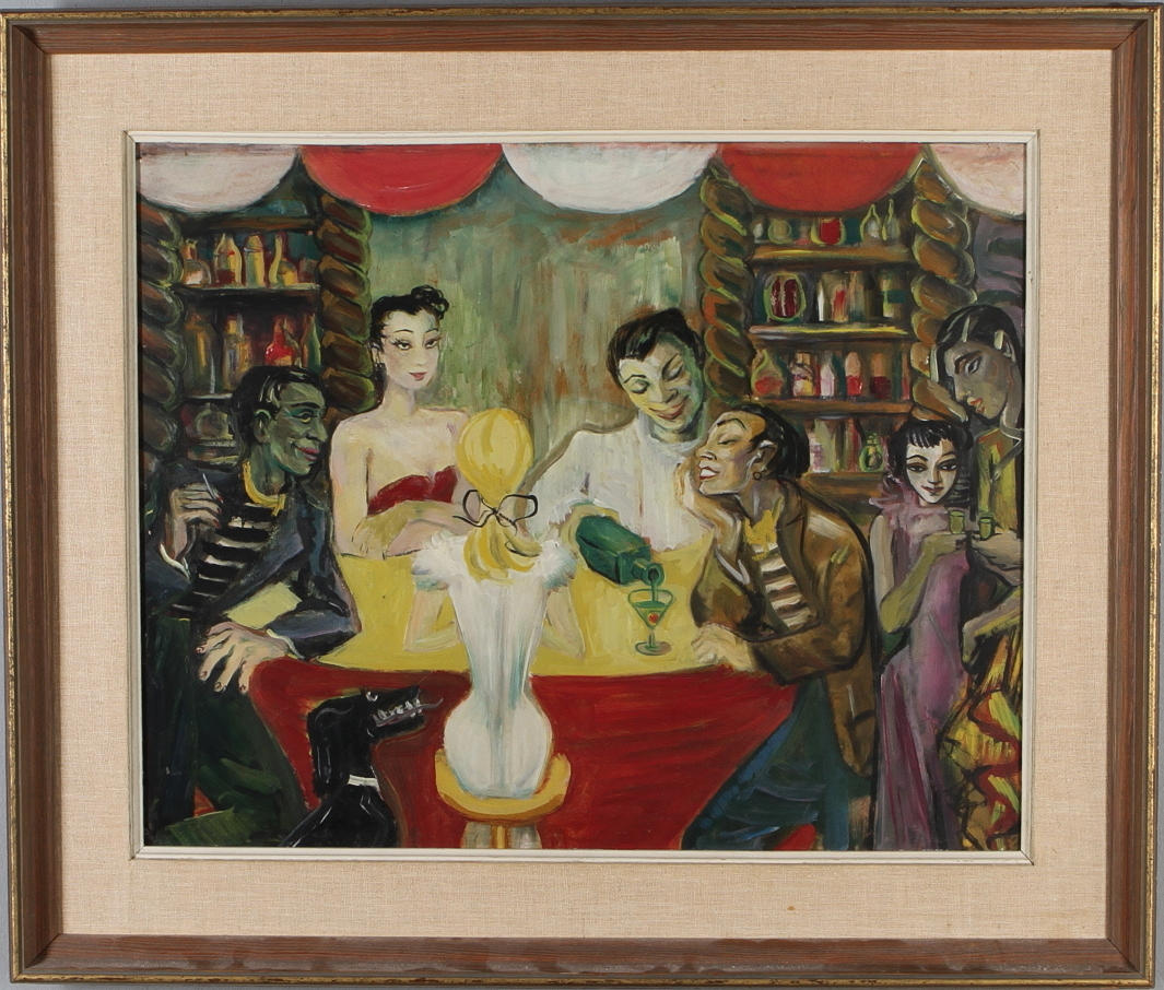 OIDENTIFIERAD KONSTNÄR. krogscen, blandteknik på pannå.