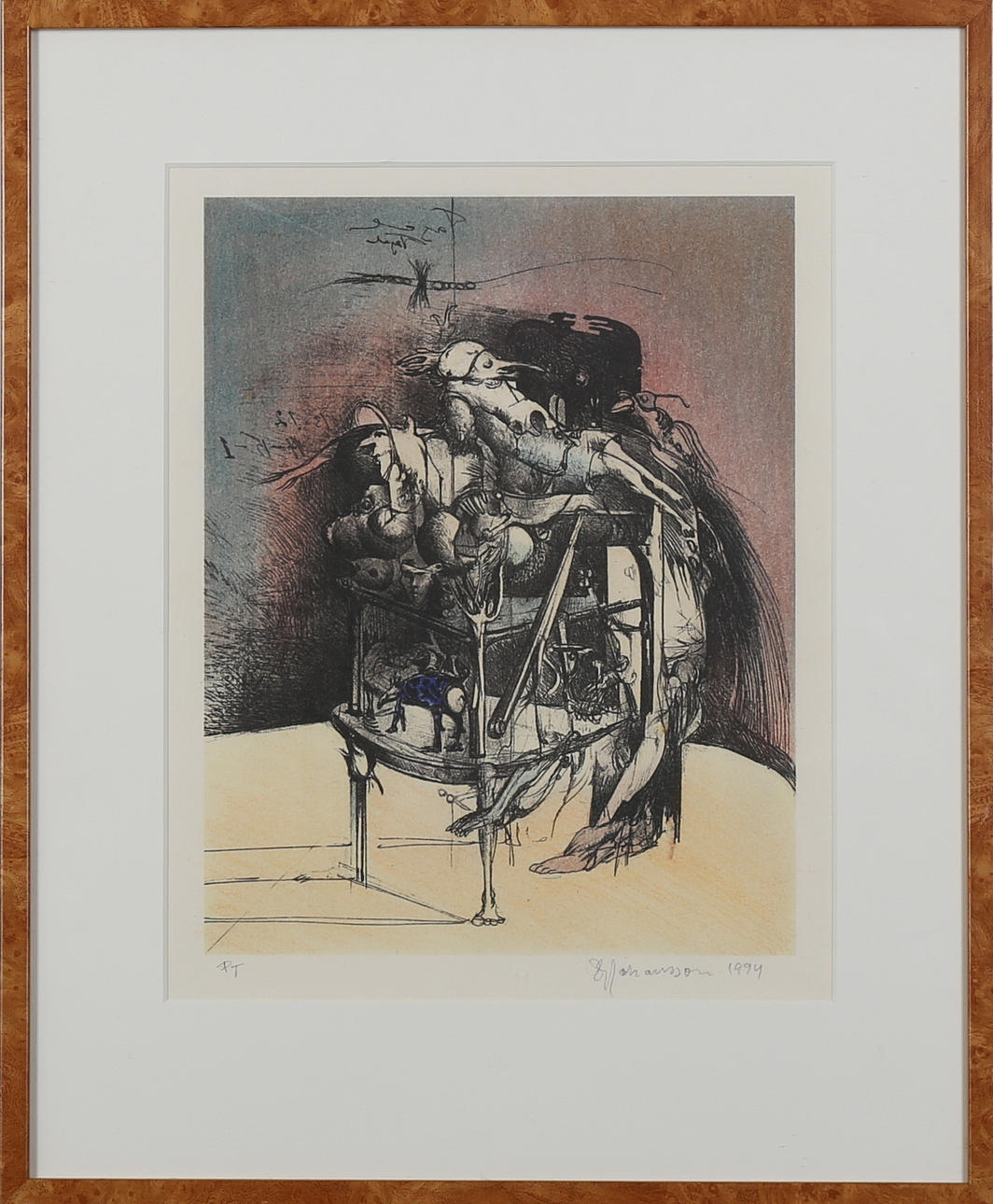 SVEN ERIK JOHANSSON. Färglitografi, surrealistisk komposition, signerad S E Johansson samt daterad 1994, provtryck.