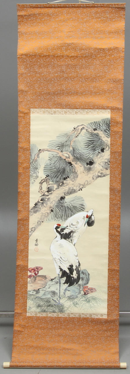 KAKEMON, med motiv av tranor, akvarell, Japan.