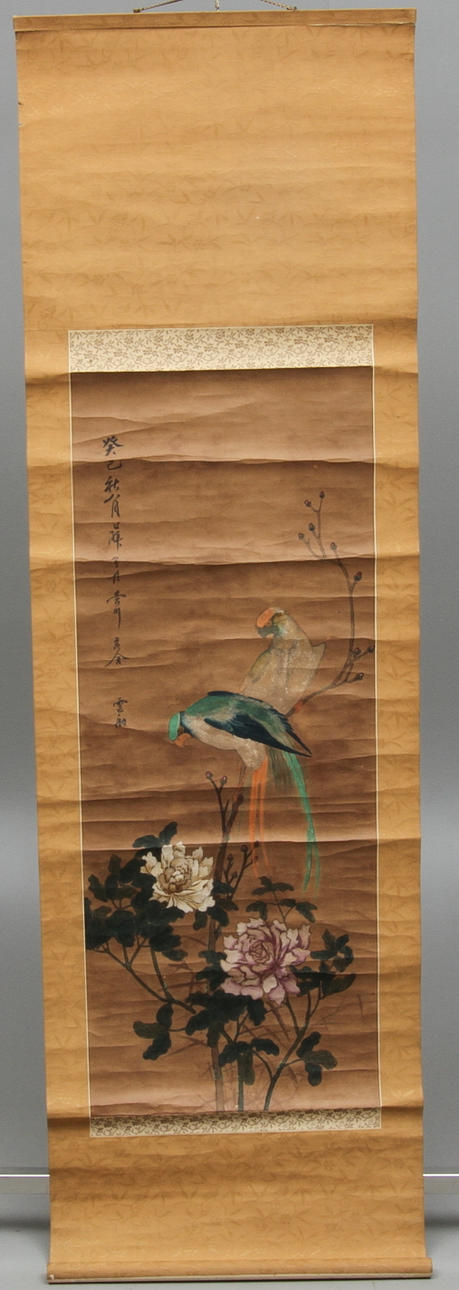 KAKEMON, med motiv av papegojor, akvarell, Kina.