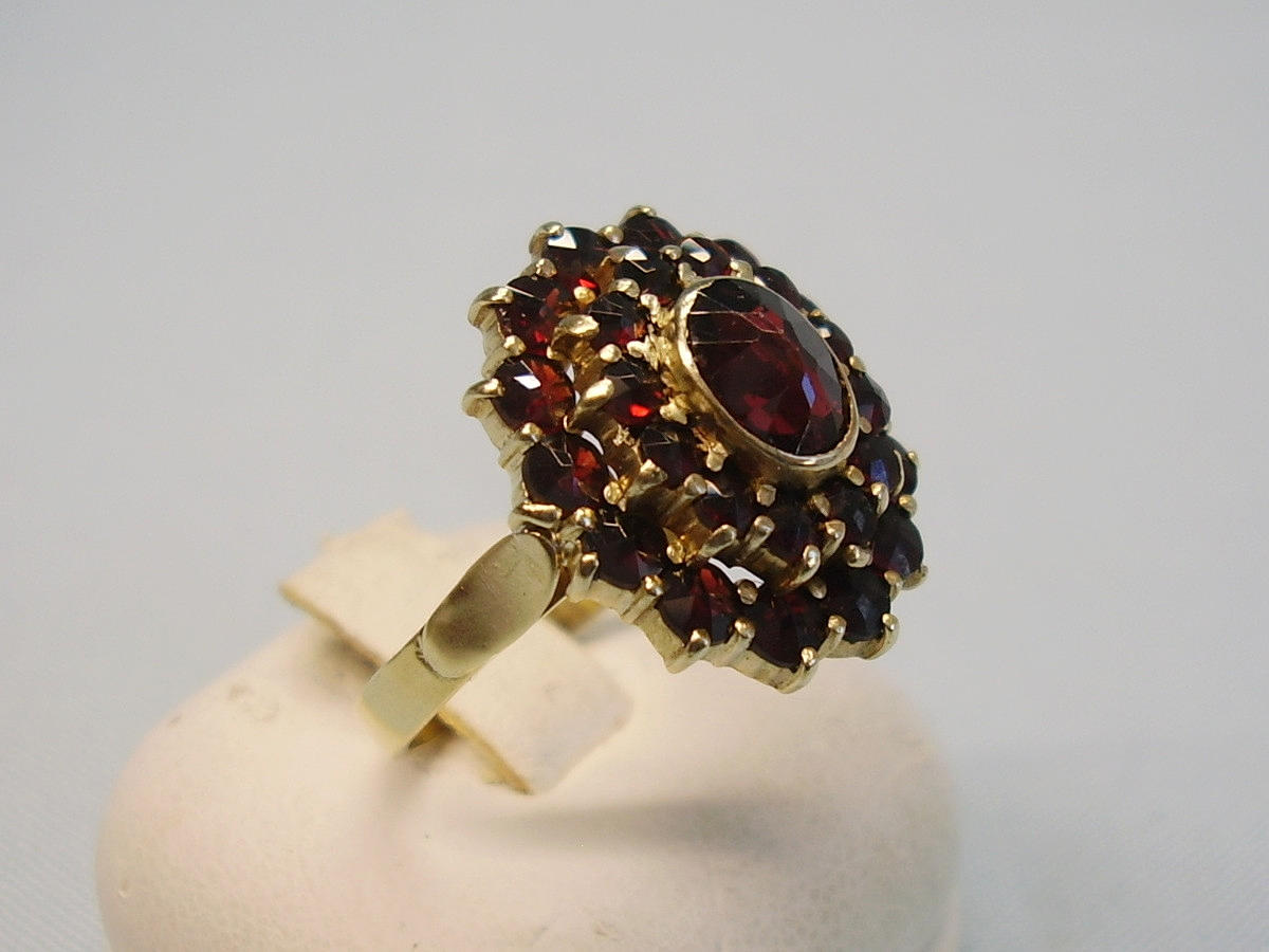 GRANAT RING ANTIK, Silber 800 & Gelbgold.