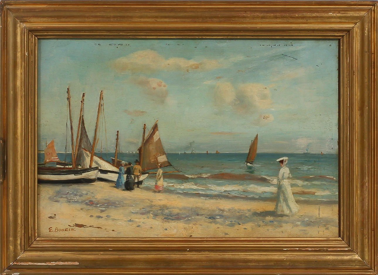 EUGÈNE BOUDIN. efter, strand, olja på pannå, bär signatur.