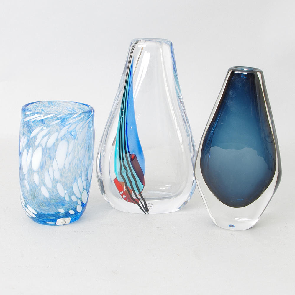 VASER, 3 stycken, konstglas, Orrefors, Gullaskruf samt Lance Heino.