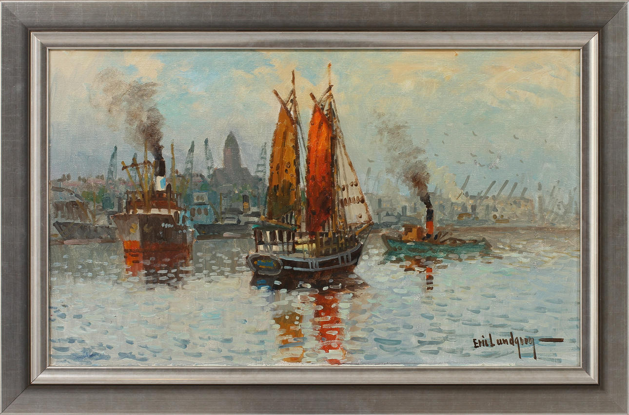 ERIK LUNDGREN. Göteborg hamn, olja på duk, signerad.