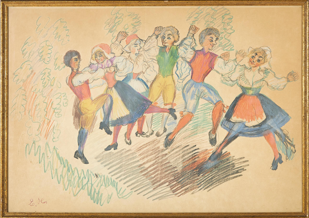 ESTER HENNING. Folk dance, pastel, monogram signed.