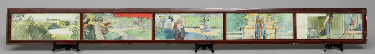 OKÄND KONSTNÄR. Folklivsskildringar, 5 st (samramade), otydligt monogramsignerade.