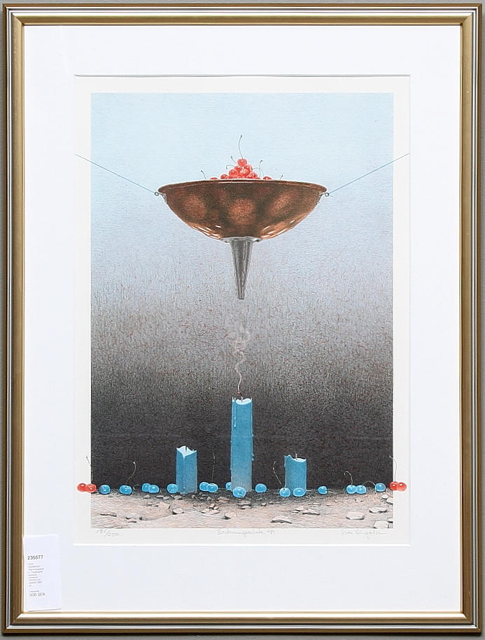 SVEN LINGARDSZ. "Släckningsarbete". Färglitografi, signerad, numrerad 185/250 och daterad 1989.