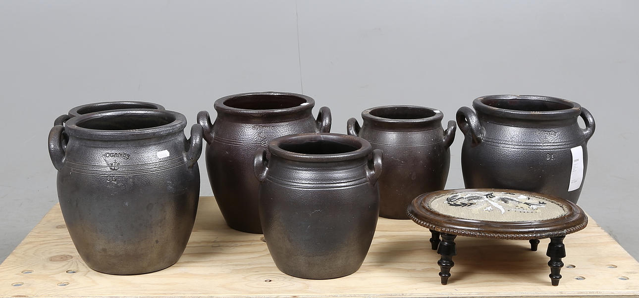 KRUKOR, 6 st, keramik, Höganäs samt PALL, pärlbrodyr.