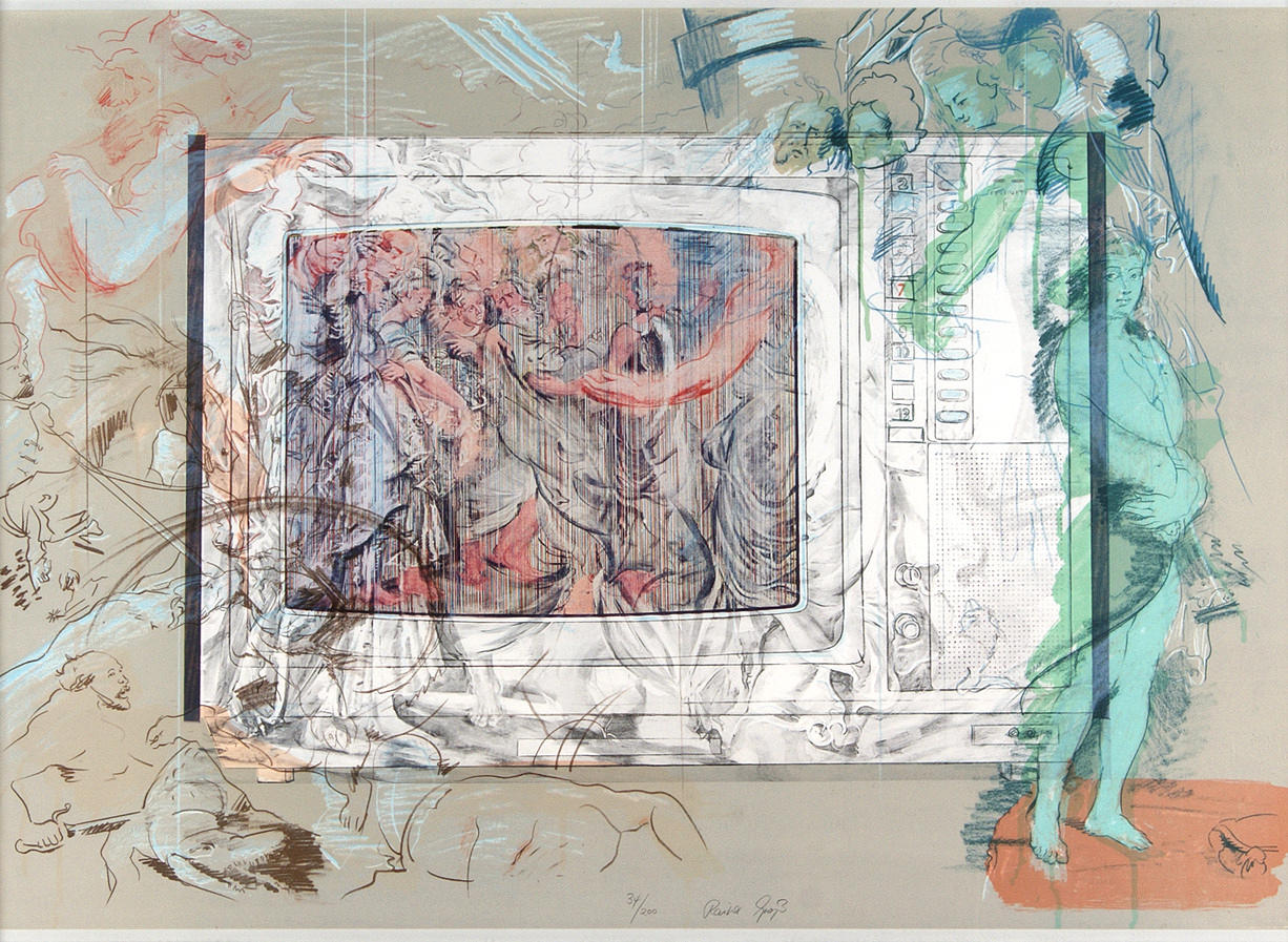 REINER GROSS. ”Television Barock II.” Omkring 1979. Litografi/papper 66 x 92,7 cm M. u. num. och underteckna.: 34/200 Reiner Brutto. Inramad under glas.
