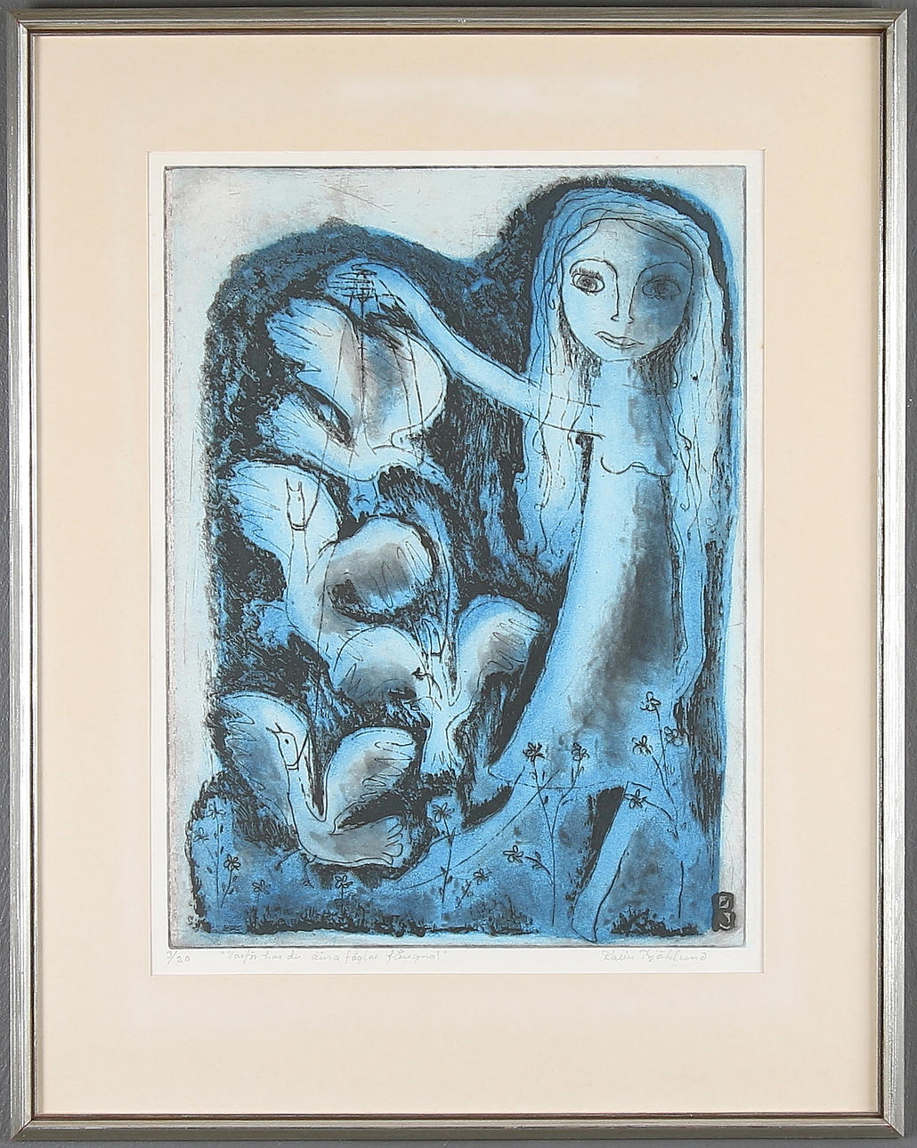 KARIN BJÖRKLUND. "Varför har du dina fåglar fångna?", färglitografi, signerad och numrerad 3/20.