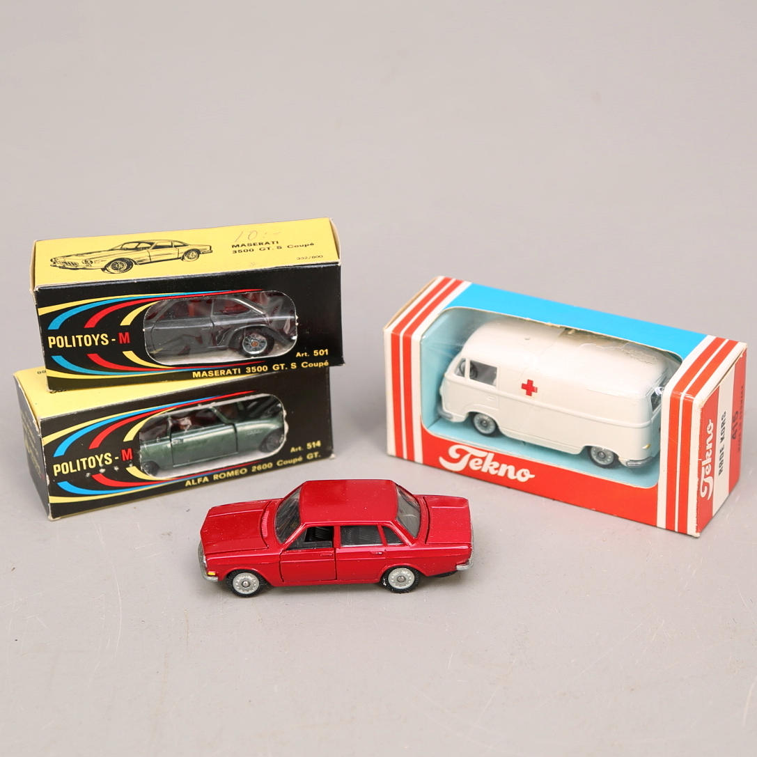 MODELLBILAR 4 st, Politoys, Alfa Romeo, Maserati. Tekno, Volvo 144, VW buss.
