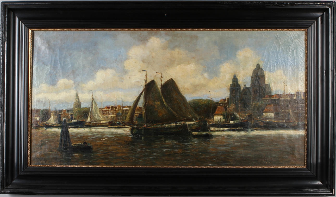 OIDENTIFIERAD KONSTNÄR. hamnmotiv, olja på duk, signerad H. Martens.