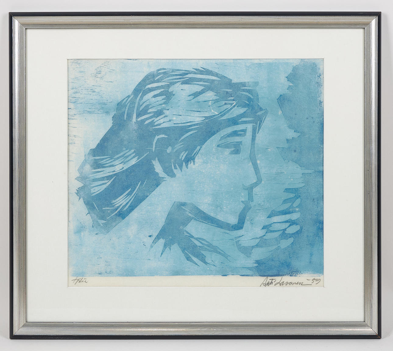 AHTI LAVONEN. Face, signed and dated -59, woodcut, marked tpl'a.