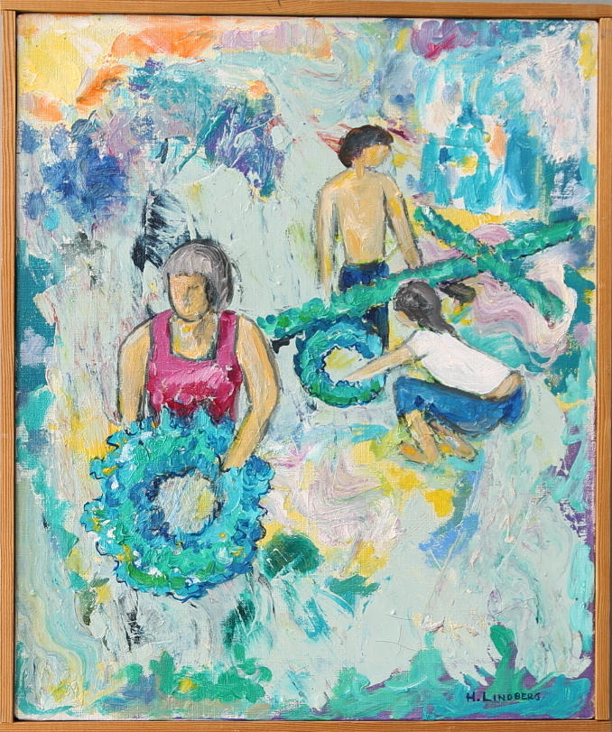 HANS LINDBERG. Olja på duk, "Vi binder midsommarkransar", signerad H. Lindberg.