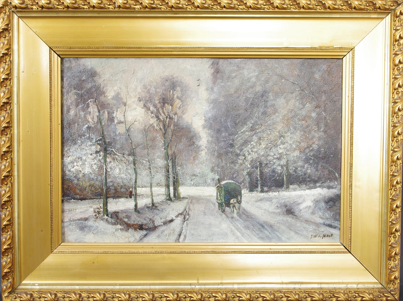 OIDENTIFIERAD KONSTNÄR. Häst med vagn i vinterlandskap, olja på duk, otydligt signerad.