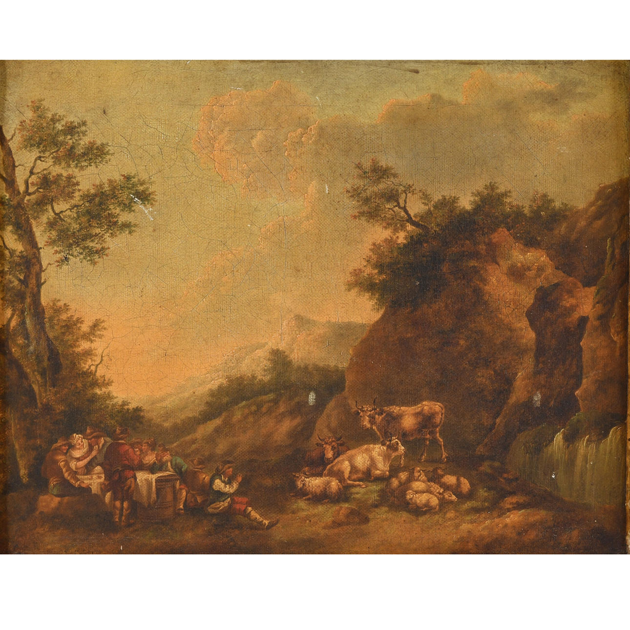 FOLLOWER OF JAN VAN GOOL (1685-1763). PEASANTS MERRYMAKING, LIVESTOCK NEARBY.