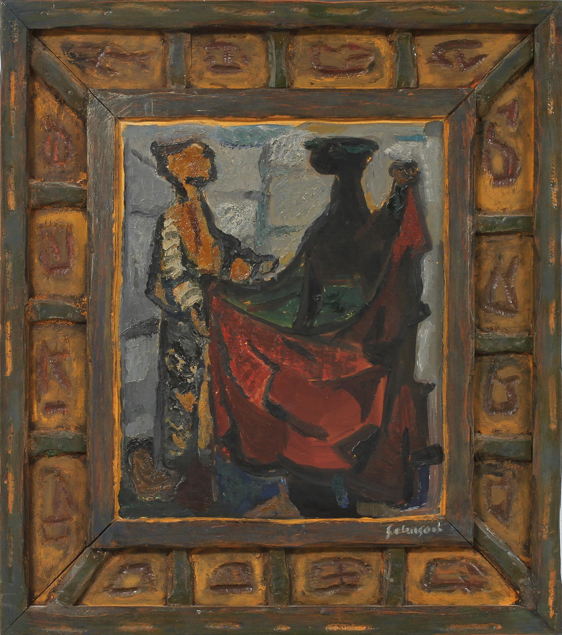 JÖRAN SALMSON. Figurkomposition, olja på pannå, signerad.