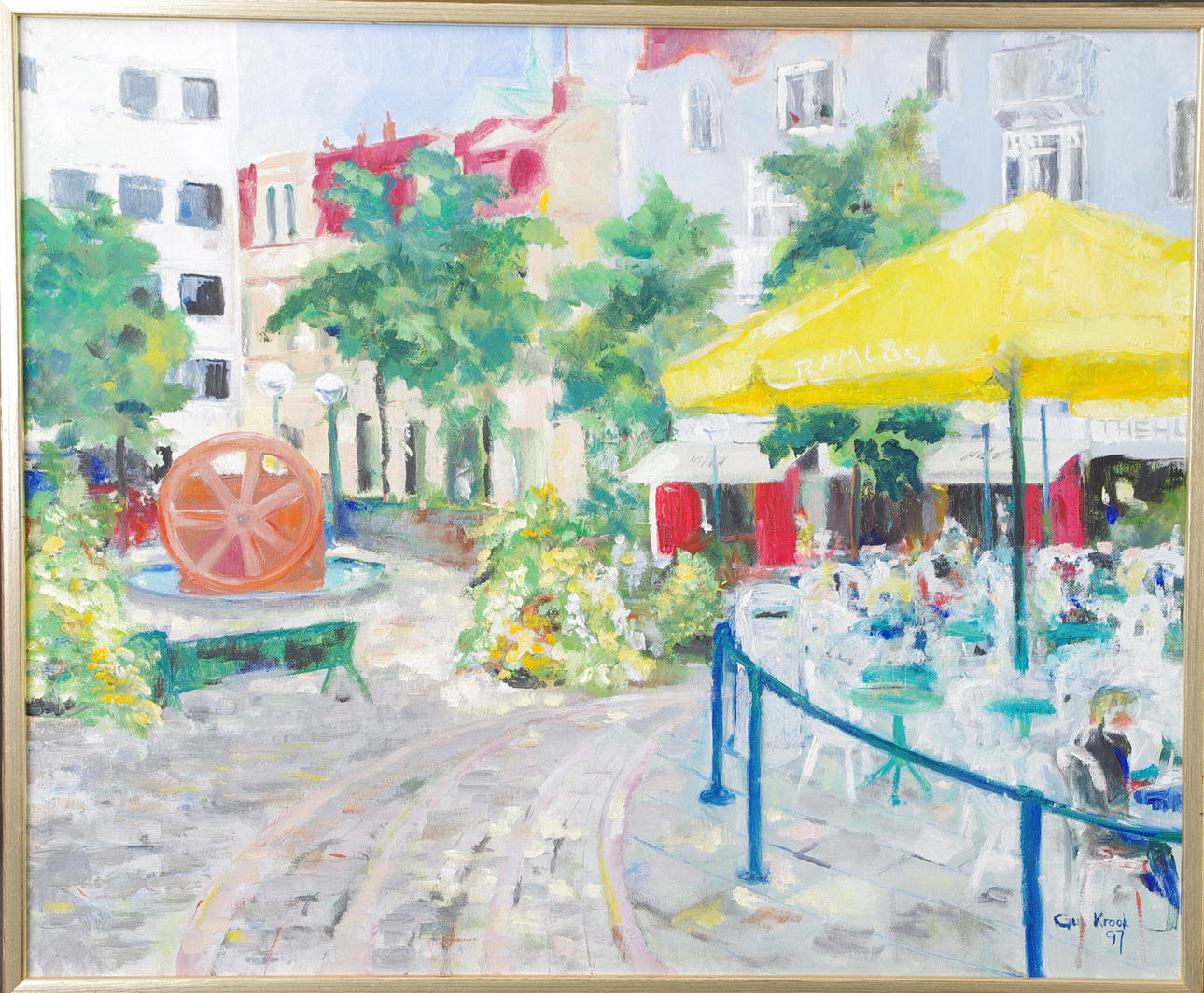 OIDENTIFIERAD KONSTNÄR. Kullaplatsen Helsingborg, olja på duk, signerad Gull Krook 97.