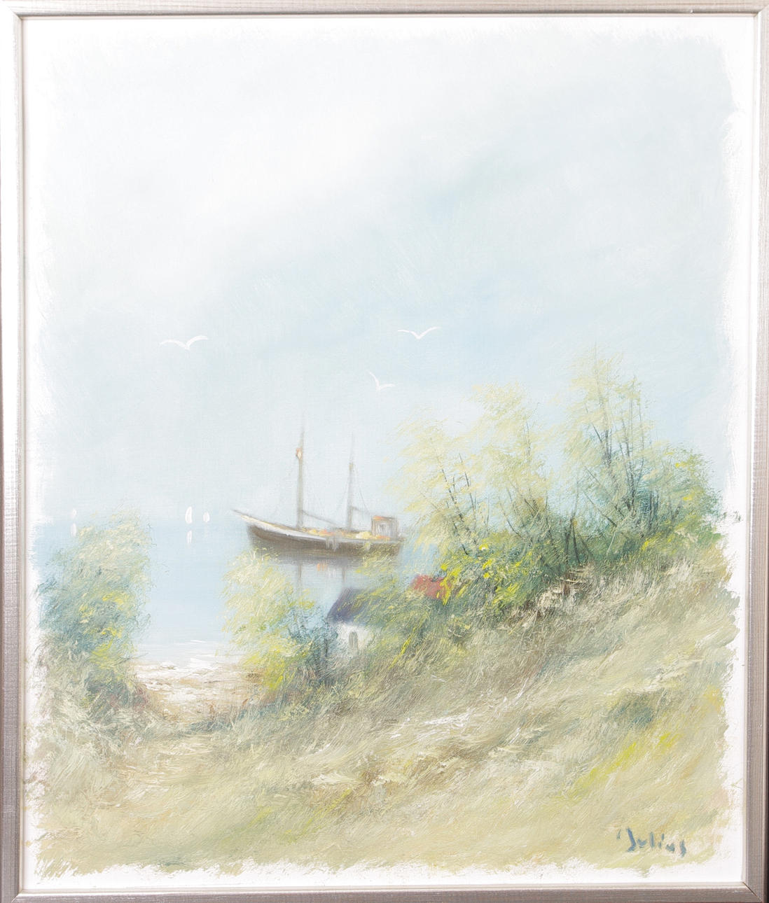 CARL JULIUS. Kustparti med fiskebåt, olja på duk, signerad C Julius.